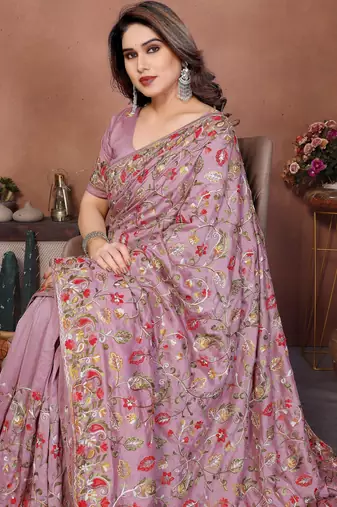pink vichitra silk embroidered chain work saree