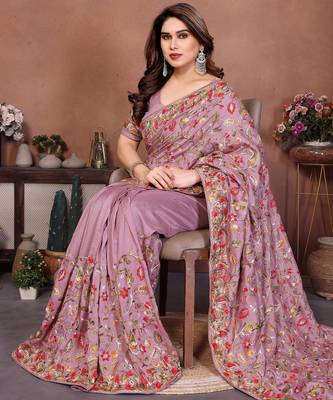 pink vichitra silk embroidered chain work saree 3