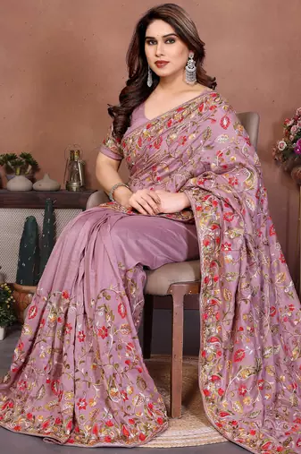 pink vichitra silk embroidered chain work saree