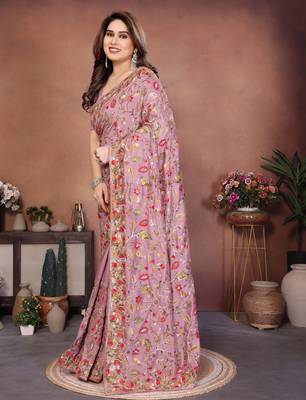 pink vichitra silk embroidered chain work saree 4