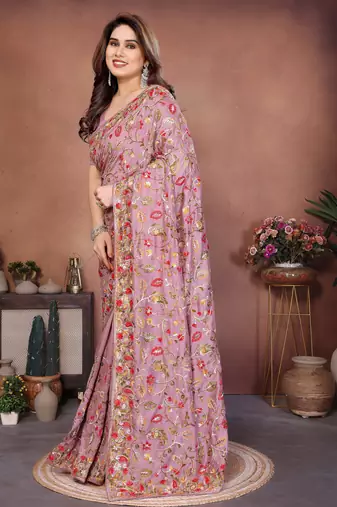 pink vichitra silk embroidered chain work saree