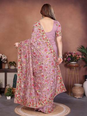 pink vichitra silk embroidered chain work saree 5