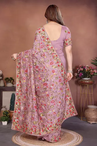 pink vichitra silk embroidered chain work saree