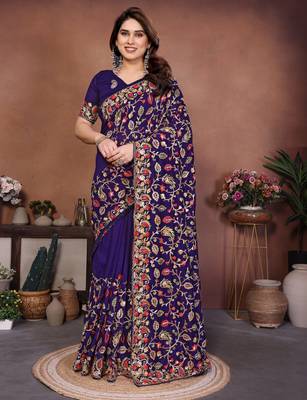 blue vichitra silk embroidered chain work saree 1