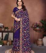 Inviting blue vichitra silk embroidery multi chain work indian reception saree