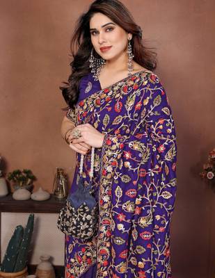 blue vichitra silk embroidered chain work saree 2