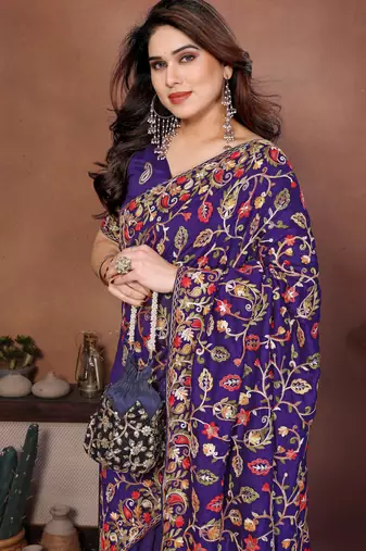 blue vichitra silk embroidered chain work saree