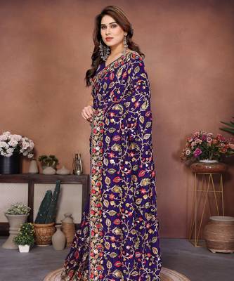 blue vichitra silk embroidered chain work saree 3