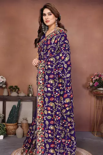 blue vichitra silk embroidered chain work saree