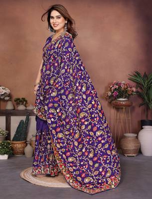 blue vichitra silk embroidered chain work saree 4