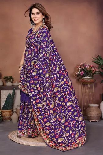 blue vichitra silk embroidered chain work saree
