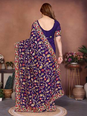 blue vichitra silk embroidered chain work saree 5