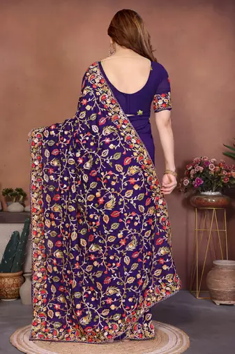 blue vichitra silk embroidered chain work saree
