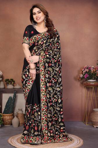 Fascinating black vichitra silk embroidery multi chain work indian festival saree