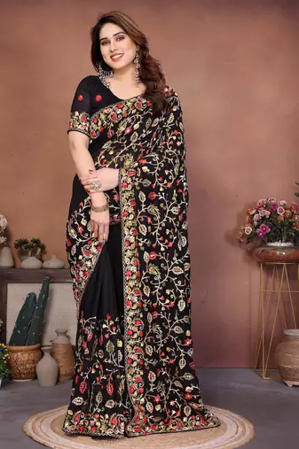 black vichitra silk embroidered saree with chain work