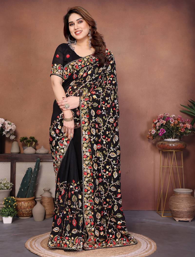Fascinating black vichitra silk embroidery multi chain work indian festival saree