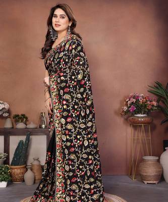 black vichitra silk embroidered saree with chain work 2