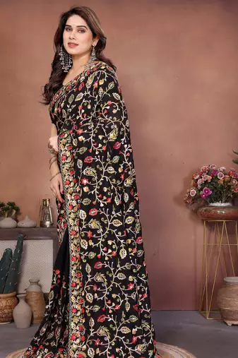 black vichitra silk embroidered saree with chain work