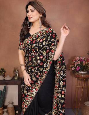 black vichitra silk embroidered saree with chain work 4