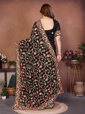 black vichitra silk embroidered saree with chain work 5