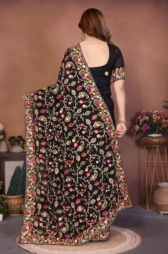 black vichitra silk embroidered saree with chain work