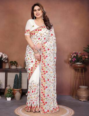 white georgette silk embroidered saree with chain work 1