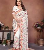 Intriguing white georgette silk embroidery multi chain work indian ceremonial saree