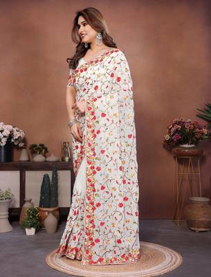 white georgette silk embroidered saree with chain work 3
