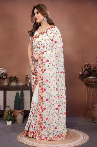 white georgette silk embroidered saree with chain work