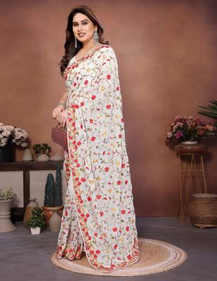 white georgette silk embroidered saree with chain work 4