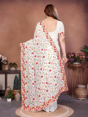 white georgette silk embroidered saree with chain work 5