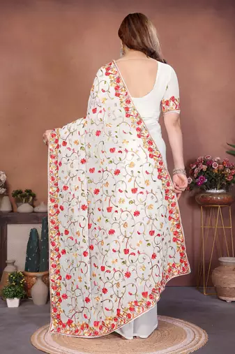white georgette silk embroidered saree with chain work