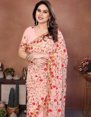 pink georgette silk embroidered saree with chain work 2