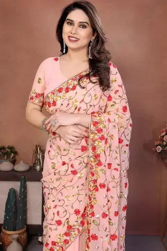 pink georgette silk embroidered saree with chain work
