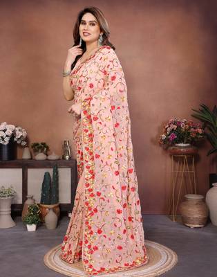 pink georgette silk embroidered saree with chain work 3