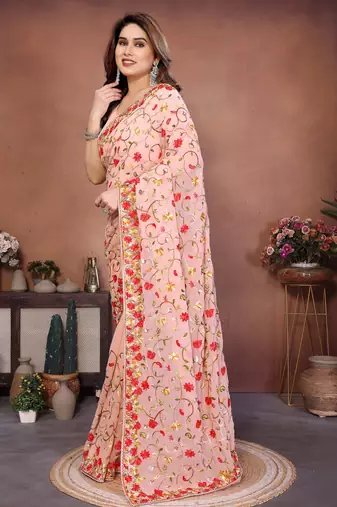 pink georgette silk embroidered saree with chain work