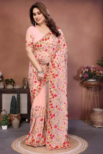pink georgette silk embroidered saree with chain work