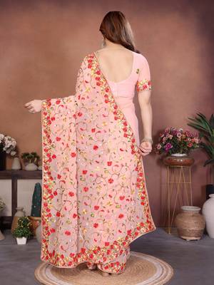 pink georgette silk embroidered saree with chain work 5