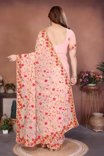 pink georgette silk embroidered saree with chain work
