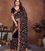 Provocative black georgette silk embroidery multi chain work indian bollywood saree