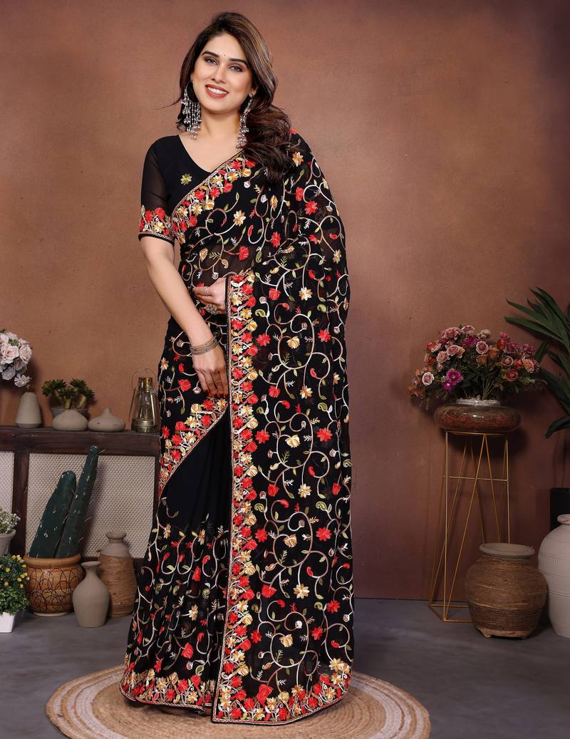 Provocative black georgette silk embroidery multi chain work indian bollywood saree