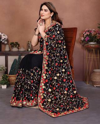 black georgette silk embroidered saree with chain work 2