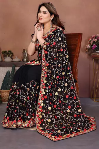 black georgette silk embroidered saree with chain work