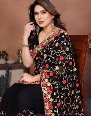 black georgette silk embroidered saree with chain work 3