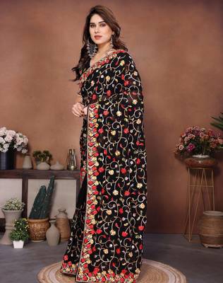 black georgette silk embroidered saree with chain work 4
