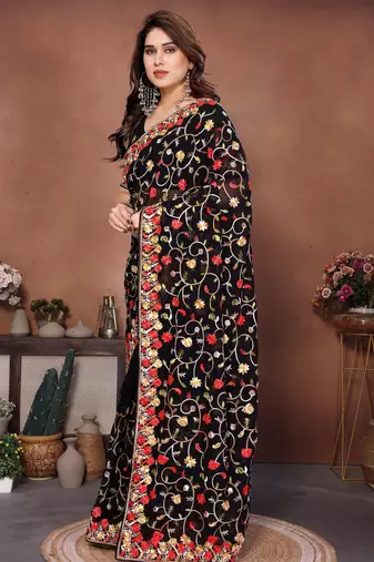 black georgette silk embroidered saree with chain work