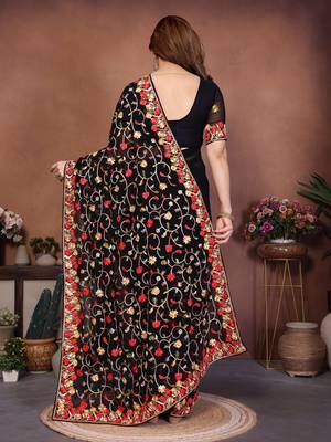 black georgette silk embroidered saree with chain work 5
