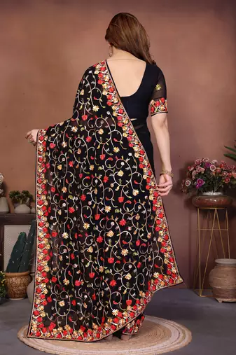 black georgette silk embroidered saree with chain work