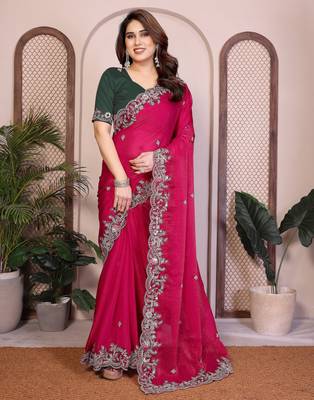 pink chiffon embroidered saree with multi sequin work 1