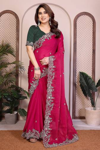 Winning pink frendy chiffon embroidery multi sequence work indian wedding saree